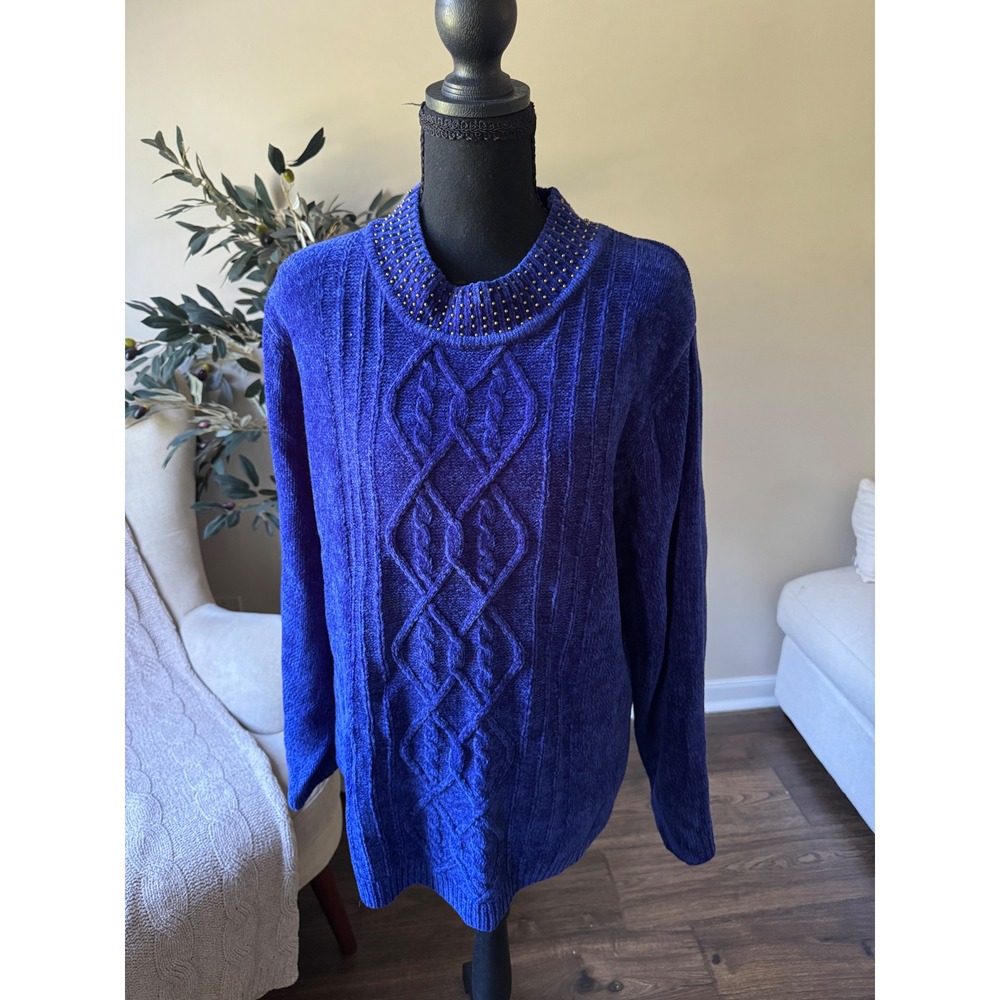 Alfred Dunner Royal Blue Chenille Cable Knit Studded Mock Neck Sweater XL